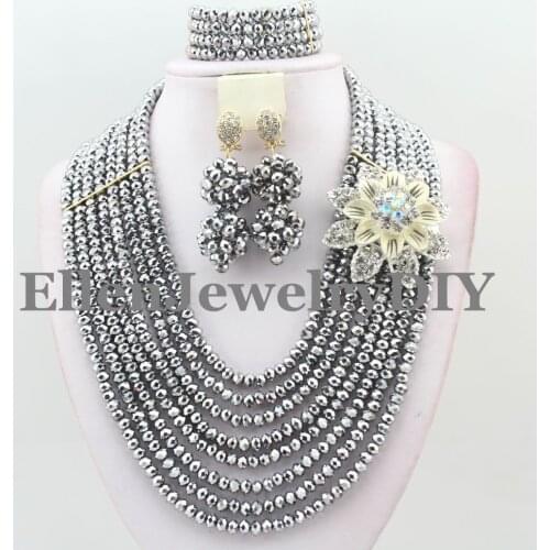 2017 Perfect African Beads Jewelry Set Nigerian Wedding beads African Silver beaded Jewelry Set Crystal Beads Jewelry Sets W9969