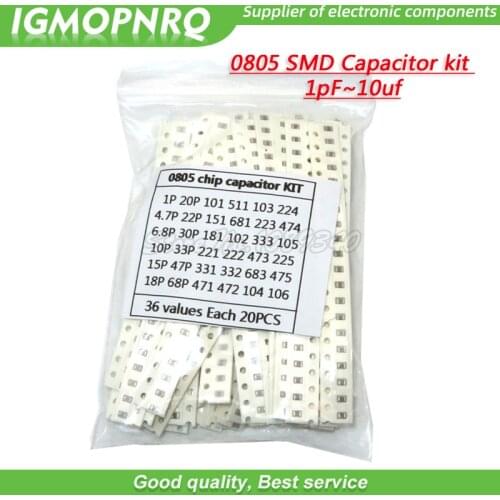 36values each 20pcs=720pcs 0805 SMD Capacitor assorted kit 1pF~10uF component diy samples kit 1PF 4.7PF 1NF 2.2NF 3.3NF 1UF 10UF