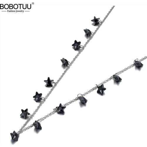BOBOTUU Bohemia Titanium Stainless Steel Black Star CZ Crystal Choker Necklace Trendy Pendant Chain Necklace For Women BN20090