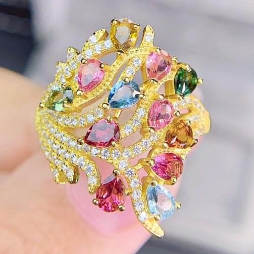 Per jewelry Natural real colorful tourmaline luxury big ring Free shipping 0.2ct*12pcs gemstone 925 sterling silver J215303