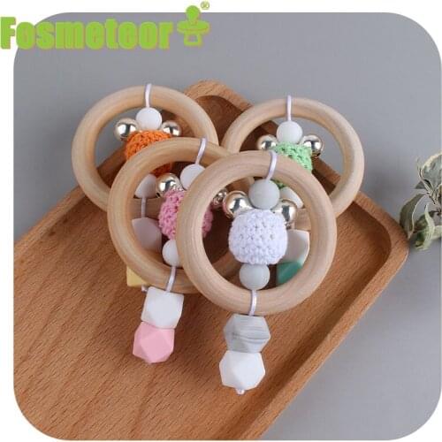 Fosmeteor Wooden Baby Teether Toddler Rattle Baby Chewing Teether Toy Newborn Teething Rings DIY Nursing Hand Held Accessories