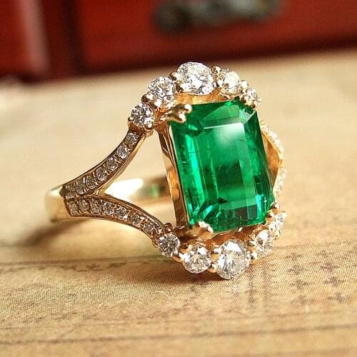 AAA Lab Created Colombian Solid 18K Yellow Gold 2.7ctw Moissanite Green Emerald Ring Accent Luxury Fine Gold Jewelry For Women