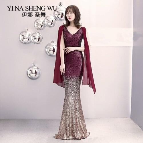 New Sequins Long Mermaid Dress V-neck Floor Length Retro Color Faded Elegant Dance Party Small Party Dress Robes Soire