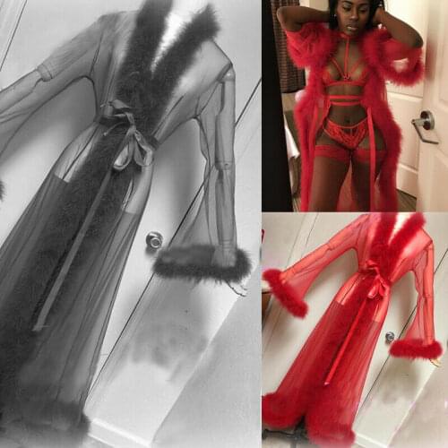 Summer NEW 2020 Womens Lingerie Long Bathrobe Gown Babydoll Nightwear Sleepwear Rope Mesh See Through Fur Long Roper