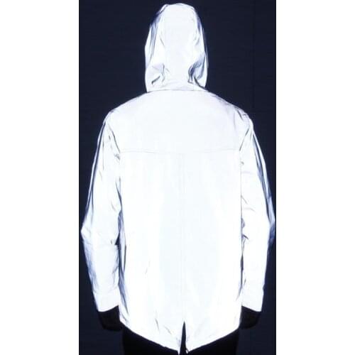 Autumn winter men night full reflect light hip hop long jacket streetwear women punk hooded reflective tail coats windbreaker