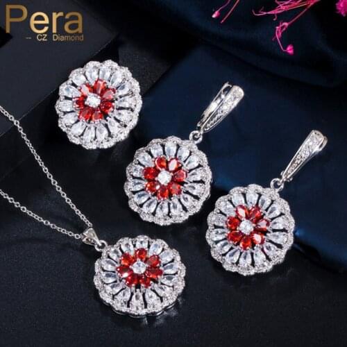 Pera Retro High Quality Round Hollow Necklace Ring Earrings Ruby Red Crystal Topaz Fashion Jewelry Sets for Women Gift J165