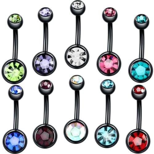 2 pcs/lot Black Gun Surgical Steel Navel Bar Body Jewelry Double Crystal Belly Button Ring Belly Piercing in Promo Earrings 14G