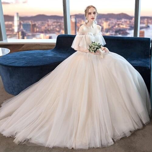 Tulle Wedding Dresses Short Sleeves 2021 Off The Shoulder Boat Neck Lace Up Floor Length Wedding Bridal Gowns Vestido De Noiva