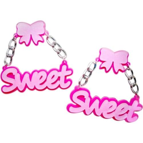 Pink Fluorescent Acrylic Earrings Fashion Big bowknot Letter Sweet Glittery Drop Earrings For Women Nightclub Bar E18023