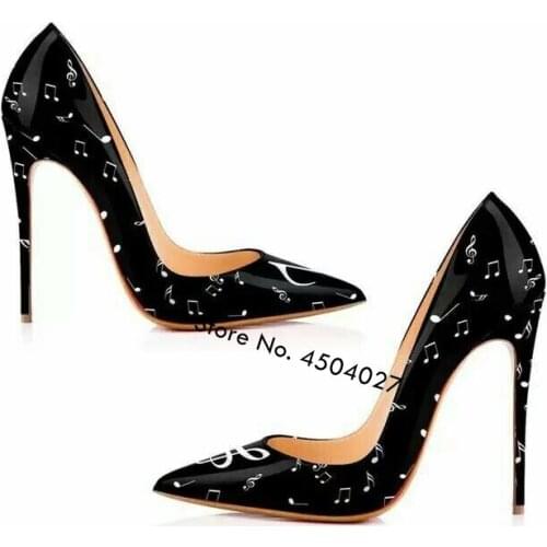 New Fashion Patent Leather High Heels Shoes Pointed Toe Music Printed Stilettos Ladies Sexy Party Wedding Shoes