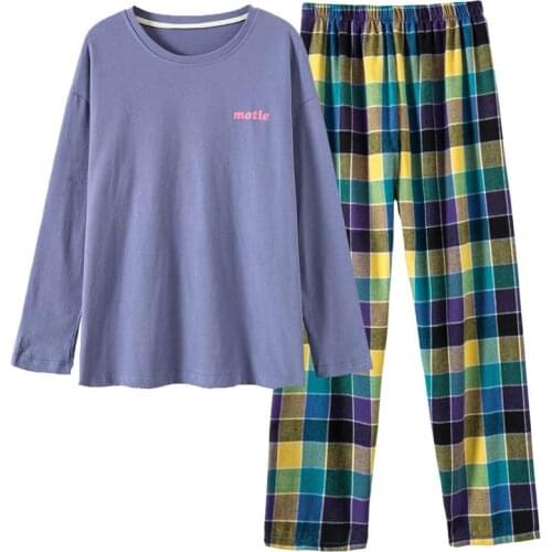 Plaid Long Sleeve Pullover Top and Long Pants Casual Pajamas Set Women 2021 Loose Simple Pijamas Homewear Outerwear Plus Size