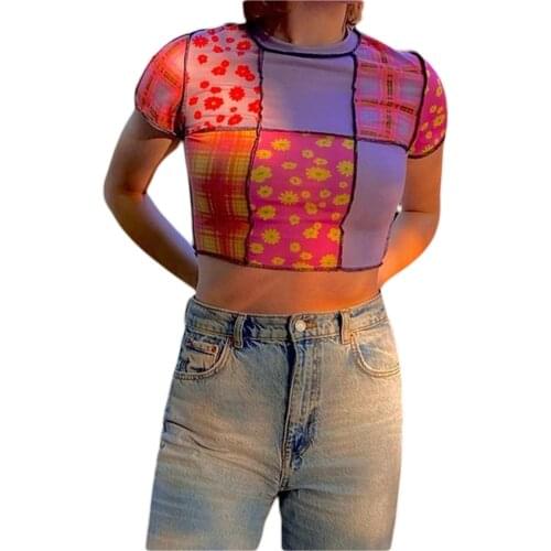 Y2k Womens Casual Short Sleeve T-shirt Fashion Color-block Printing Exposed Navel Pullover Tops