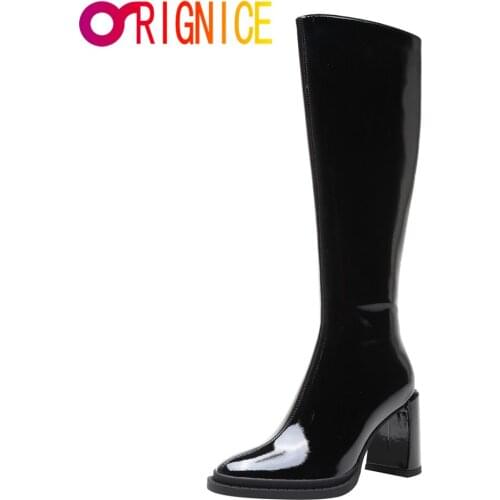 Orignice Brand Designer Top Quality Patent Leather Women Knee High Boots Autumn Thick High Heels Classic Round Toe Party Shoes