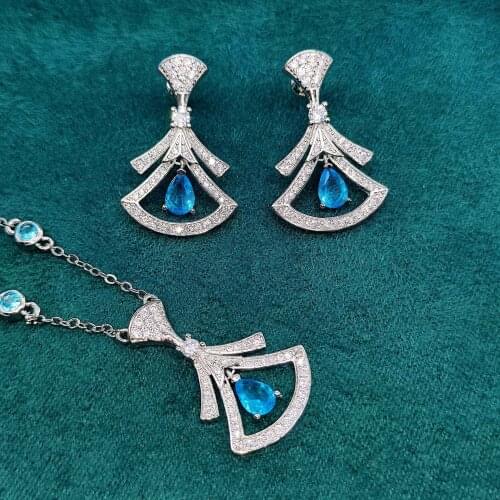 QTT New Design Water Drop Cubic Zirconia Crystal Elegant Fan Shape Necklace Earrings Sets 925 Sterling Silver Women Jewelry Sets