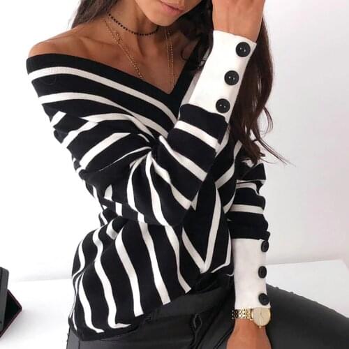 Women Sweater Sexy V Neck Loose Pullover Warm Casual Striped Jersey Mujer Long Sleeve Base Top Sweater Autumn Winter Clothes