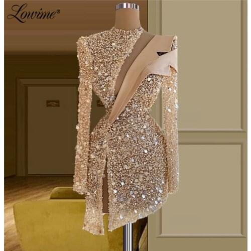 Lowime Short Formal Champagne Evening Gown Long Sleeves Beads Sequined Prom Dress 2021 Customized Cocktail Party Dresses Robes