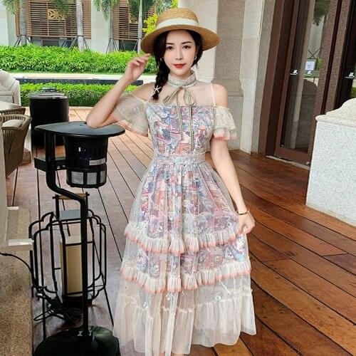 2021 Elegant Summer Runway Vintage Short Sleeve Cake Dress New Women Strapless Mesh Veil Floral Print High Waist Princess Dress