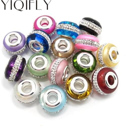 Free shipping 16pcs 16mm silver color core mix colors glass big hole beads with white rhinestone charm fit European bracelet DIY
