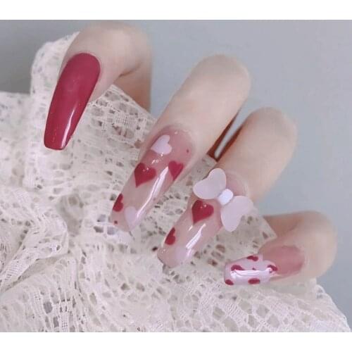 24pcs Coffin Nail Tips Love Heart Printed Nail Patch Glue Type Removable Long Paragraph Fashion Manicure False Nail Patch Tn