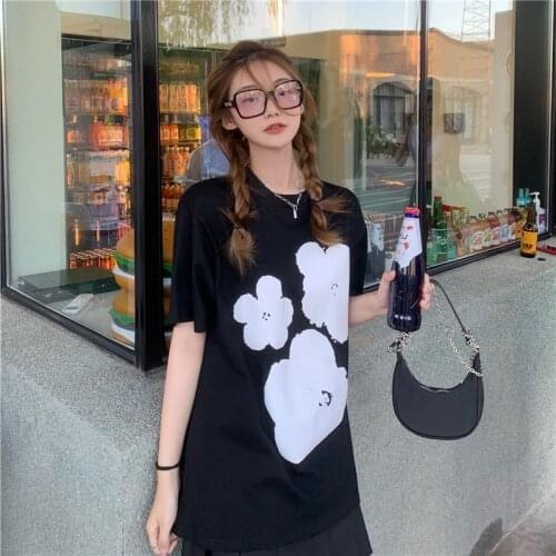 3 Sizes M-xl Flower Pattern Printing Causal All Match Black Oversize Loose Short Sleeve Women Female Top T-shirts