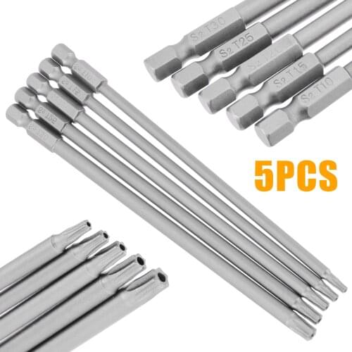 5PCS 1T10-T30 Torx Screwdriver Bit 150mm S2 Alloy Steel Screwdriver Bits Hex Shank Magnetic For 1/ 4" Pneumatic Screwdriver