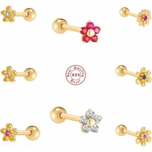 BOAKO 925 Sterling Silver Sweet Daisy Chrysanthemum Stud Earrings for Women Colorful Zircon Flower Leaf Ear Stud Party Jewelry