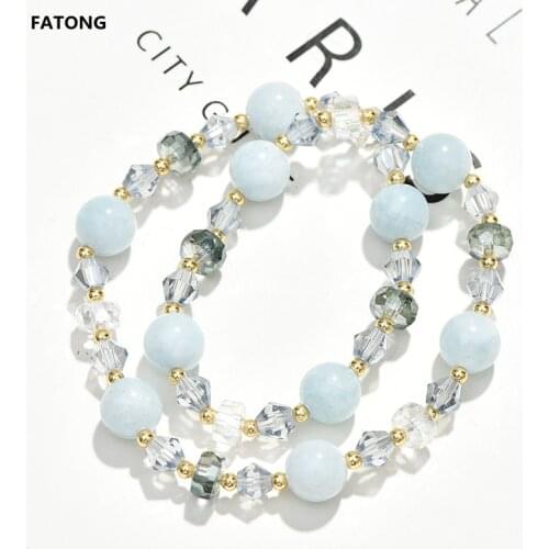 Natural Aquamarine Crystal Bracelet Female Gem Double Bracelet Stretch Ladies Gem Jewelry Does Not Fading