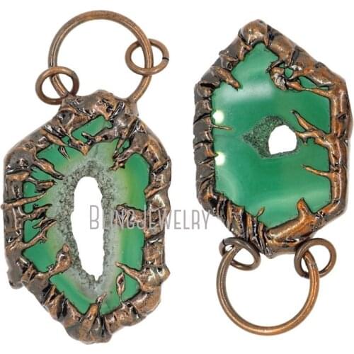 Rustic Copper Fancy Hoop Bail Pendant Green Agates Druzy Geode Pendant PM38130