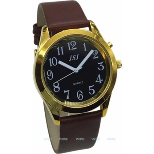 English Talking Watch with Alarm Function, Talking Date and time, Black Dial, Brown Leather Band, Golden Case TAG-806