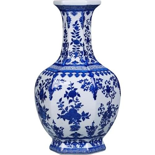 Jingdezhen ceramic blue and white porcelain antique vase flower arranging living room Chinese household decoration TV cabinet