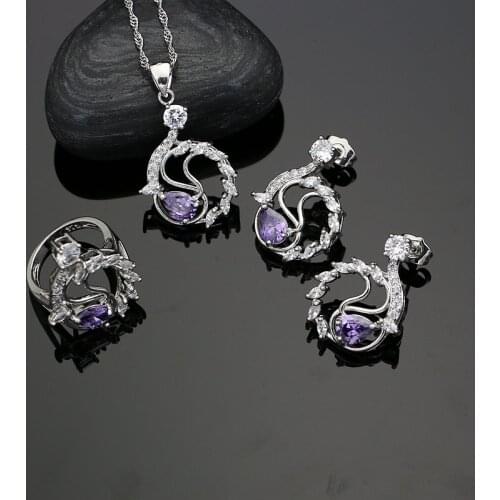 925 Sterling Silver Jewelry Set Natural Purple Cubic Zirconia Beads For Women Wedding needle Earrings/Pendant/Ring/Necklace Set