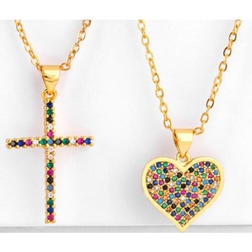 Cross heart multicolor micro pave cz zircon cubic zirconia necklace copper Clavicle gold plated Snake Chain Choker Pendant ef2