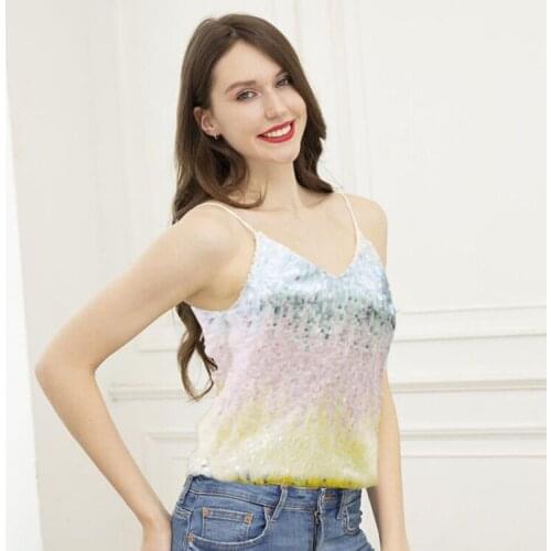 Summer Multi-color T Shirt Women Glitter Sequin Sleeveless Sexy Tank Top Sweet Girl Stappy Strappy V Neck Top Ladies Clubwear