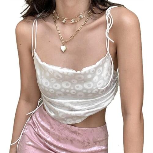 Fashion Lace Up Camis Bandage Crop Top Dark Fringe Camisole Polka Dot Pleated Tops Draped Sexy Women Clothes White Camis