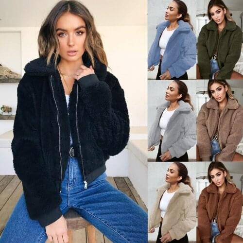 Autumn and Winter Womens Coat Fluffy Faux Fur Thick Pockets Plush Jacket Ladies Casual Loose Solid Color Lapel Outerwear