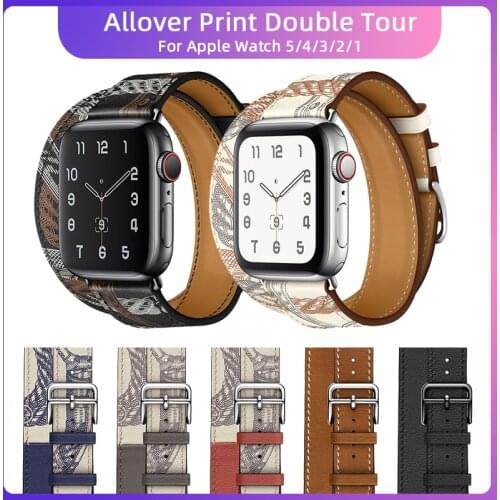 2020 New Noir/Blanc Leather Allover Print Double Tour Band for Apple Watch 40mm 44mm Black Stainless Steel with iwatch 5 4 Strap