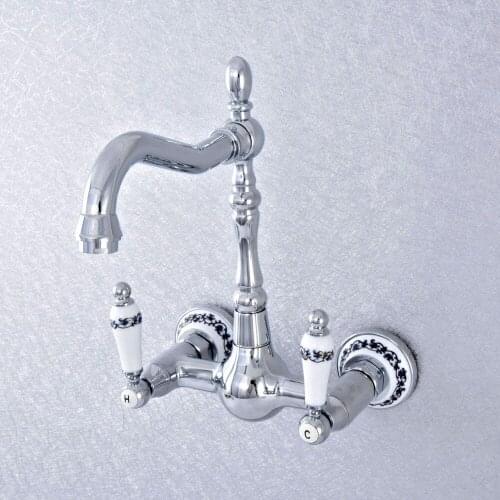 Silver Polished Chrome Brass Wall Mounted Double Ceramic Handles Base Bathroom Kitchen Sink Faucet Mixer Tap Swivel Spout asf550