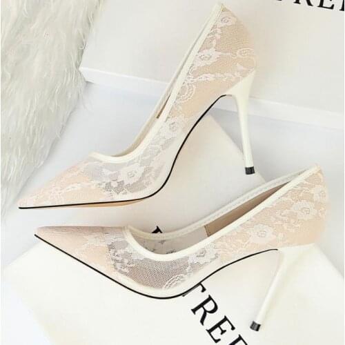 BIGTREE Fashion Peep Toe Women Pumps Stiletto High Heel Platform Shoes Lace Wedding Shoes Mesh Hollow Sexy Nightclub Women Shoes