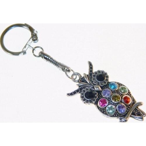 Vintage Silver Colorful Rhinestone Owl Charms KeyChain For Car Key Ring Jewelry Fashion Findings Accessories DIY Q698