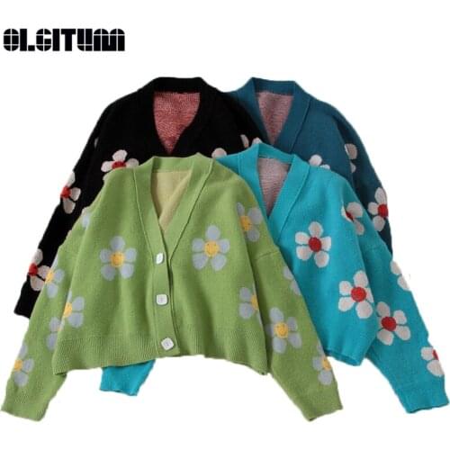 2020 Spring College Style Flower Print Knitted Doat Loose Retro V-neck Cute Light Green Sweater Cardigan Blouse Short Section