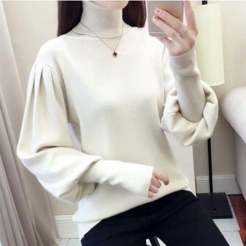 Women Lantern Sleeve High Neck Long Sleeve Tee Pullovers Tops