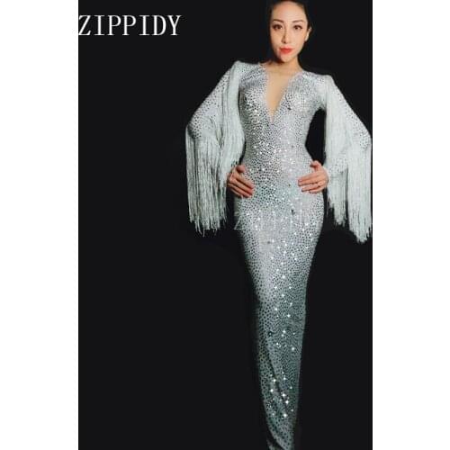 Fashion sexy Shining Rhinestones Long Womens Birthday Celebrate Dress Evening Wear Female Singer Tassel Dress Costume