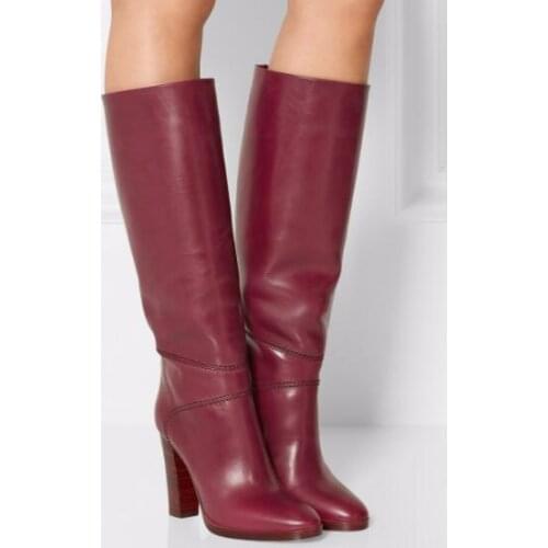 Winter Ladies Burgundy Leather Round Toe Square Heel Knee High Boots Woman Slip On Casual Tube Long Botas Shoes Plus Size 46