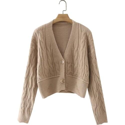 ZXQJ Women 2021 Fashion Hemp Pattern Knitted Cardigan Sweater Vintage V-neck Long Sleeve Female Outerwear Chic Tops