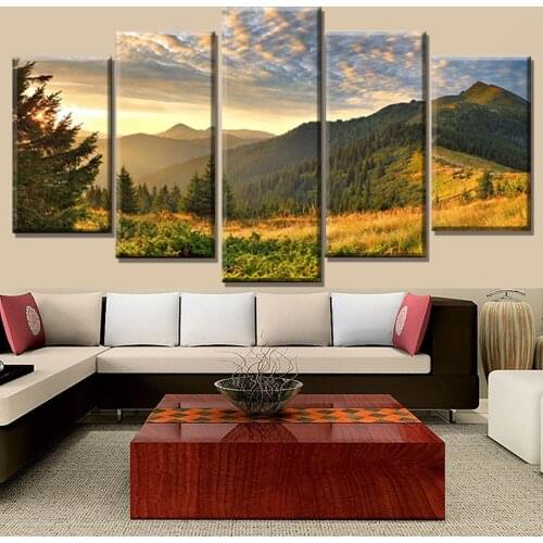 HD Print Painting Canvas Home Decor 5 Pieces Sunset Mountain Clouds Green Nature Landscape Poster Modular Wall Art Pictures Fram