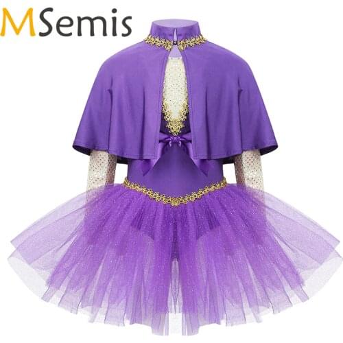 Girls Ballet dress Halloween Showman dance Costume Sequined Splice Bowknot Glitters Mesh Leotard Dress with Cape Arm Sleeves