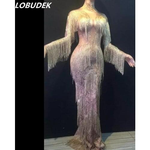 Champagne Gold Tassels Bling Crystals Long Dress Elastic Skinny Rhinestones Fringes Dresses Prom Evening Singer Catwalk Costumes