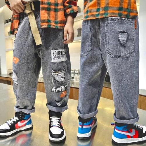 Jeans For Boys Ripped Hole Jeans Letter Printing Denim Cotton Autumn jeans Kids Casual Pants 4 5 6 7 8 9 Yrs Childrens Clothing