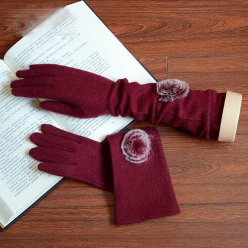 Fashion Elegant Female Wool Knit Embroidery Touch Screen Gloves Winter Women Warm Cashmere Hair Ball Long Full Finger Gloves C41