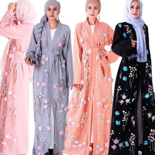3D appliques beading flowesr embroidery muslim robes cardigan Muslim womens ins fashion cross-border womens clothing wq2349